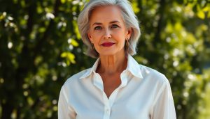 femme de plus de 50 ans avec une chemise blanche classique revisitée en été