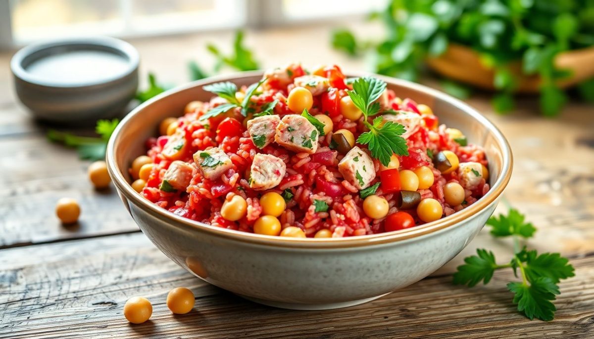 Salade de riz rouge au thon et aux pois chiches : une recette saine, rassasiante et pleine de saveurs