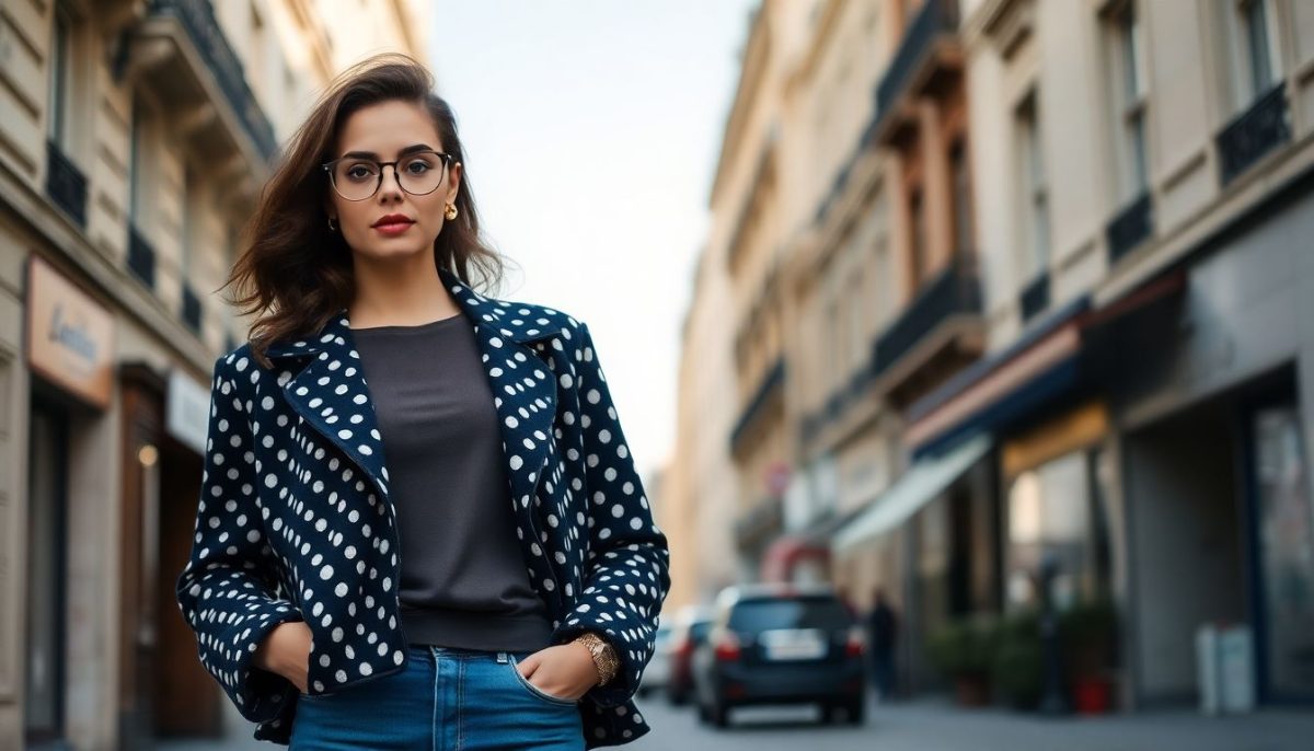 une femme avec un jean et une veste en velours à pois