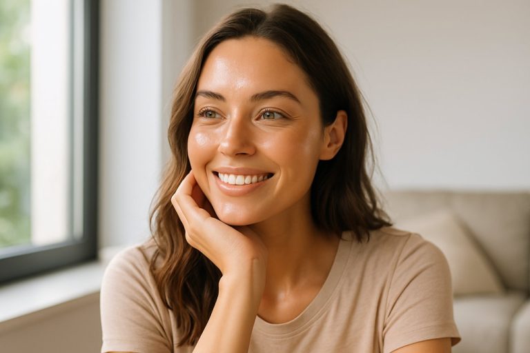 une femme avec un teint lumineux et naturel