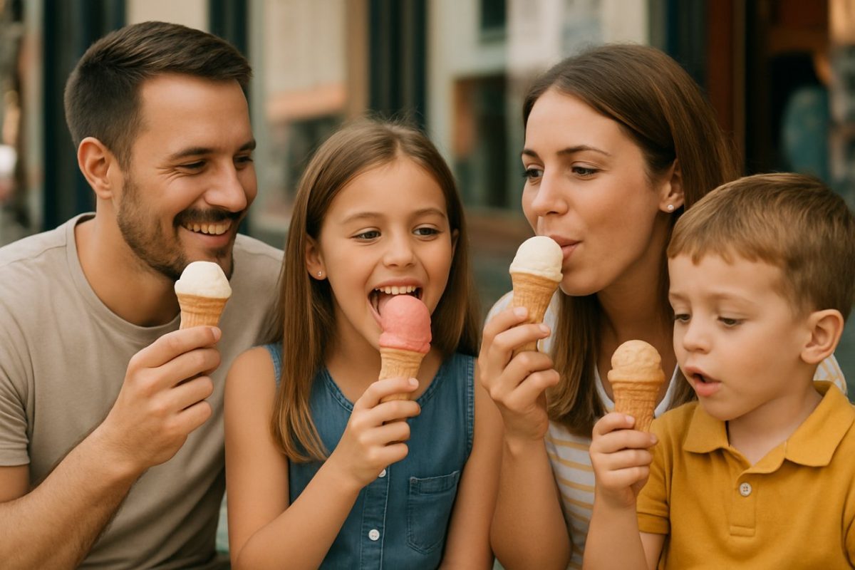 une famille mange des glaces