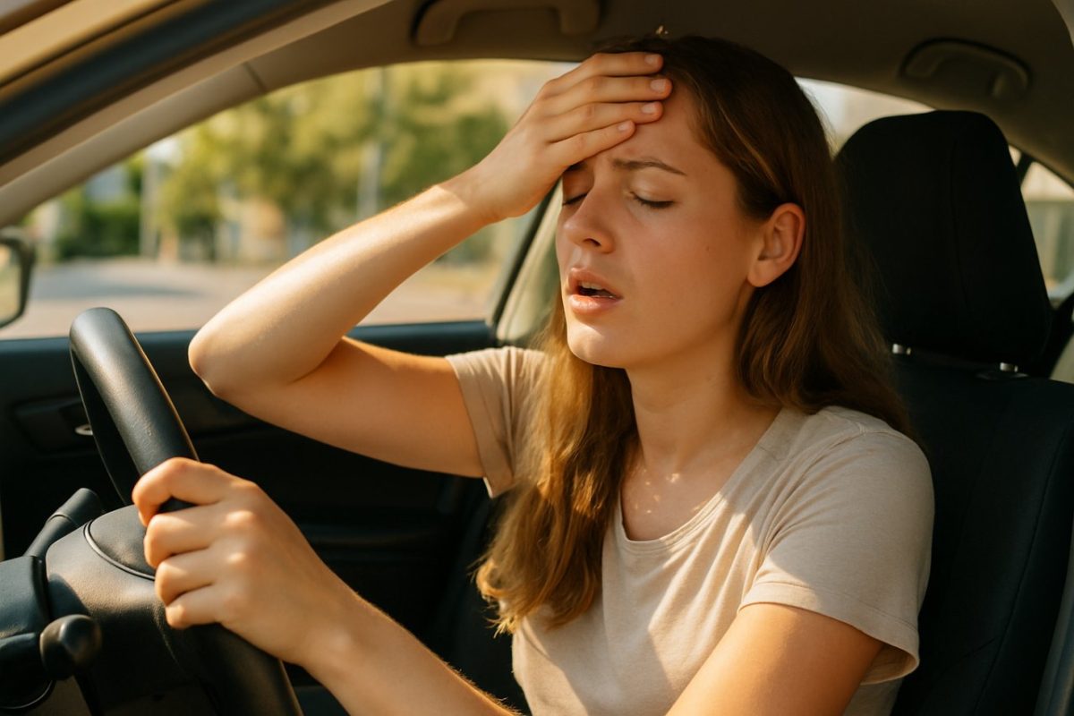 une femme souffre de la chaleur en  voiture