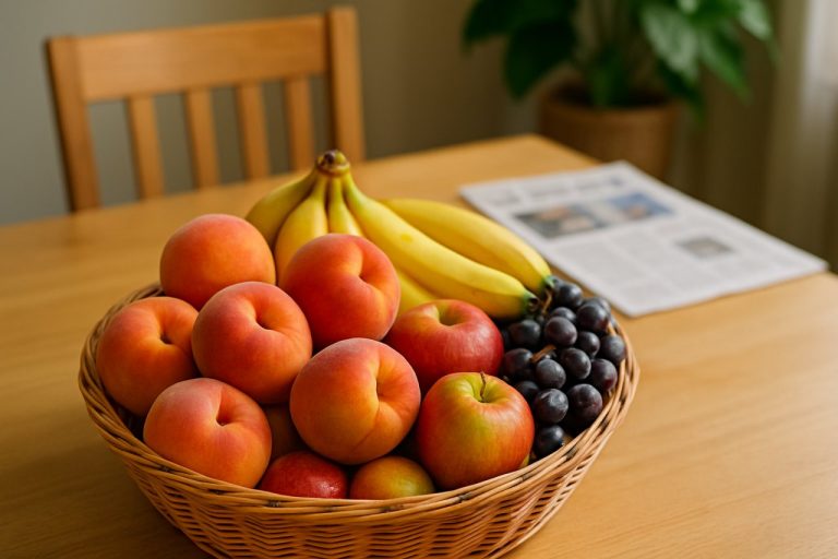 Belles pêche dans une corbeille de fruits sur une table