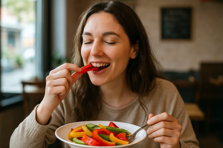 une femme apprécie manger des poivrons