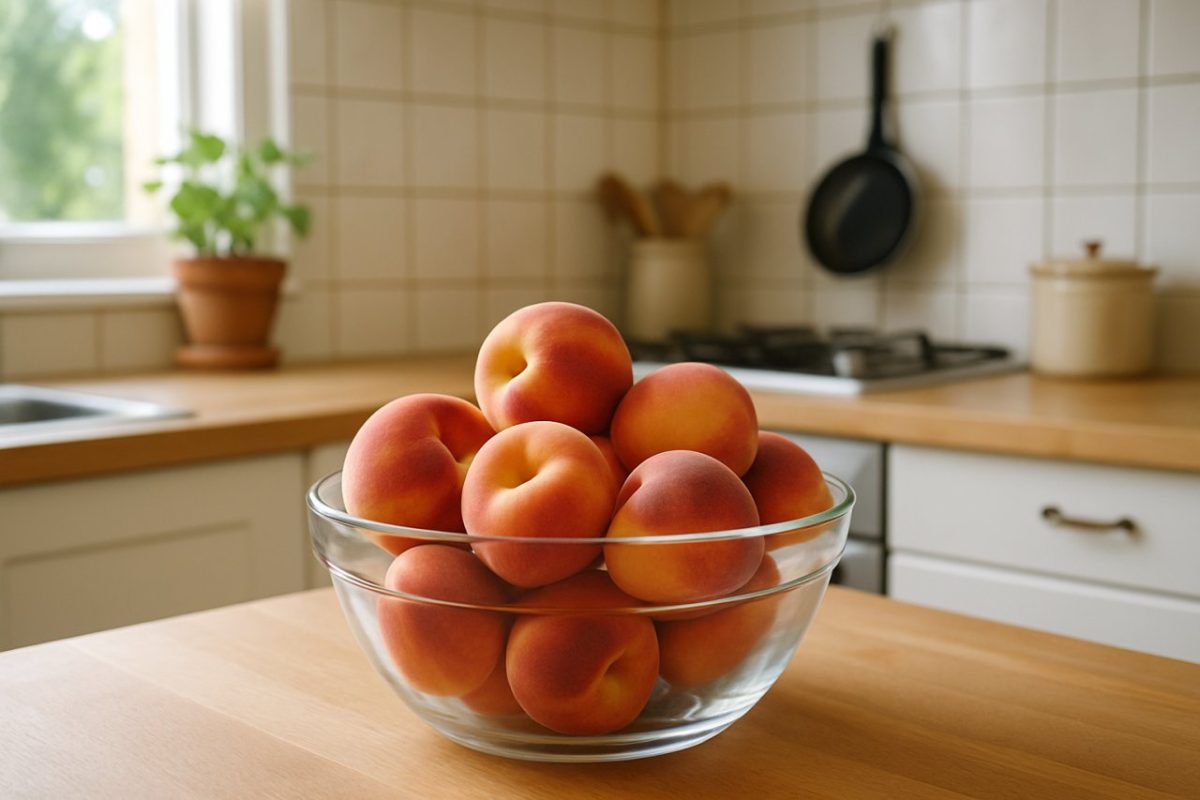 pêches dans un saladier dans la cuisine