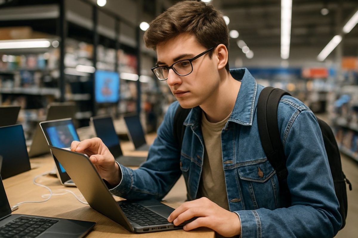 étudiant qui choisit un ordinateur portable dans un magasin