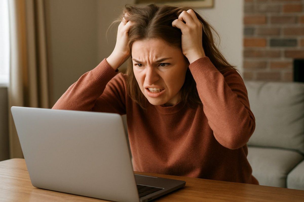 Wifi lent une femme énervé devant son ordinateur